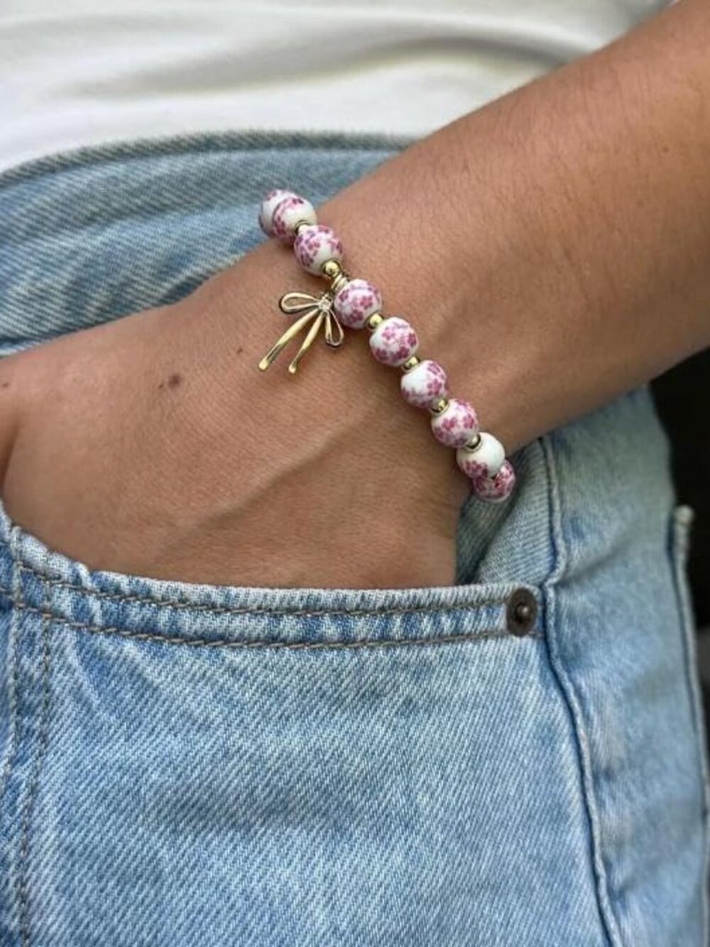 Bow Bracelet Necklace Set 14K Gold Beaded Bracelet Dainty Bow Pendant Choker
